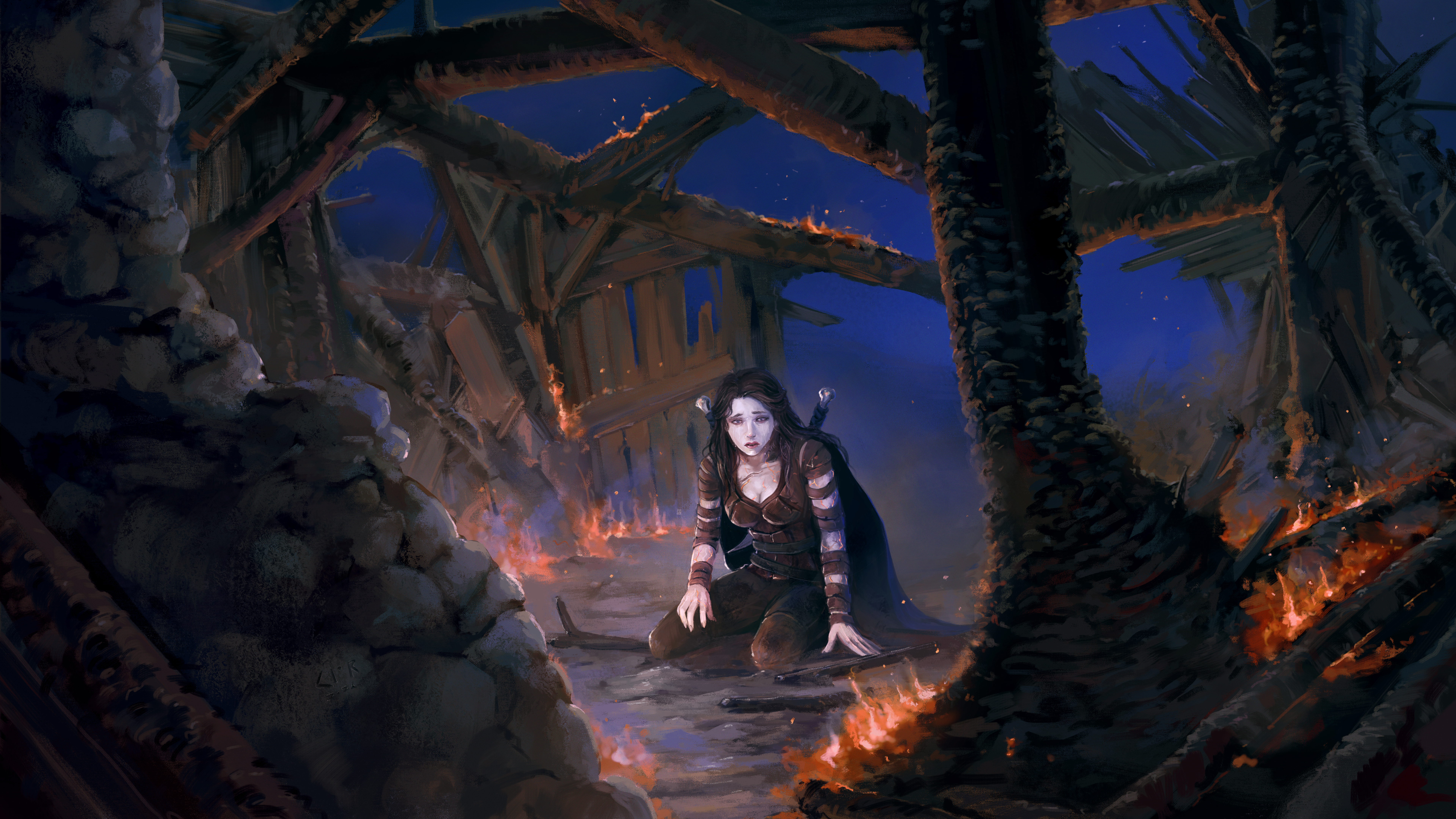 A lone character kneels among the burning ruins of a dragon-torn world.